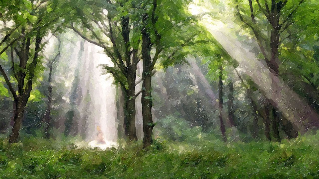 Die erste Vision: Eine Säule aus Licht scheint aus dem Himmel auf Joseph Smith herab